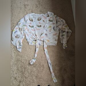 Women's Feather Print Tie-Front Top